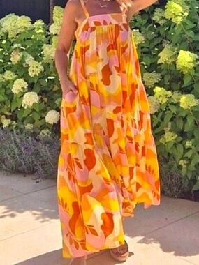 Anthropologie Abel the Label Orange Pink Maxi Summer Boho Strap Dress Size Small